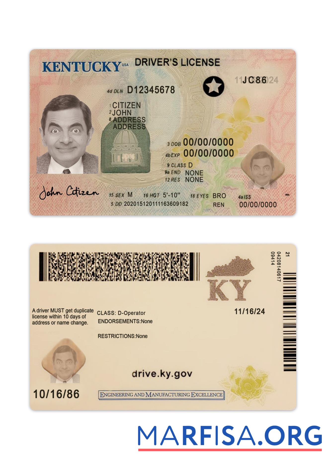 Downloadable USA Kentucky driving license 2020 present real example